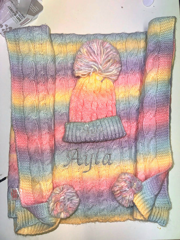 Personalised baby blanket & Hat, Rainbow weave with pom poms