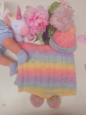 Personalised baby blanket & Hat, Rainbow weave with pom poms