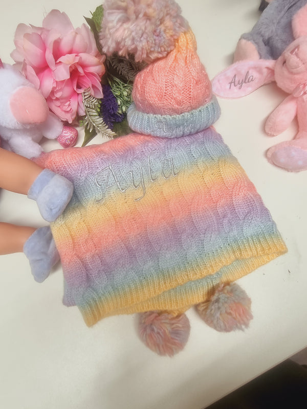 Personalised baby blanket & Hat, Rainbow weave with pom poms