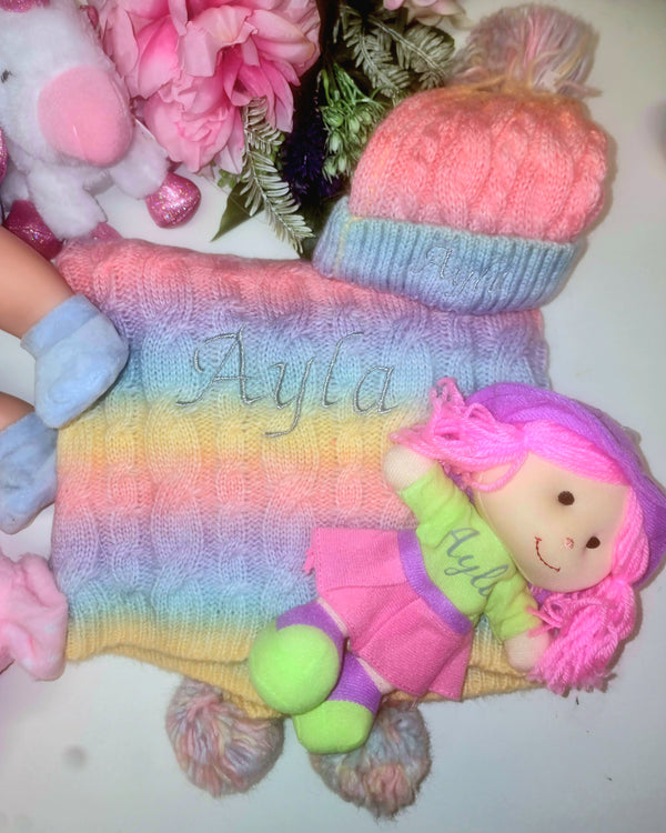 Personalised baby blanket & Hat, Rainbow weave with pom poms