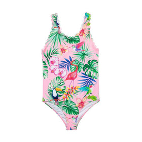 GIRLS PINK TROPICAL BUBBLE EDGE SWIMSUIT (3-8 YEARS)