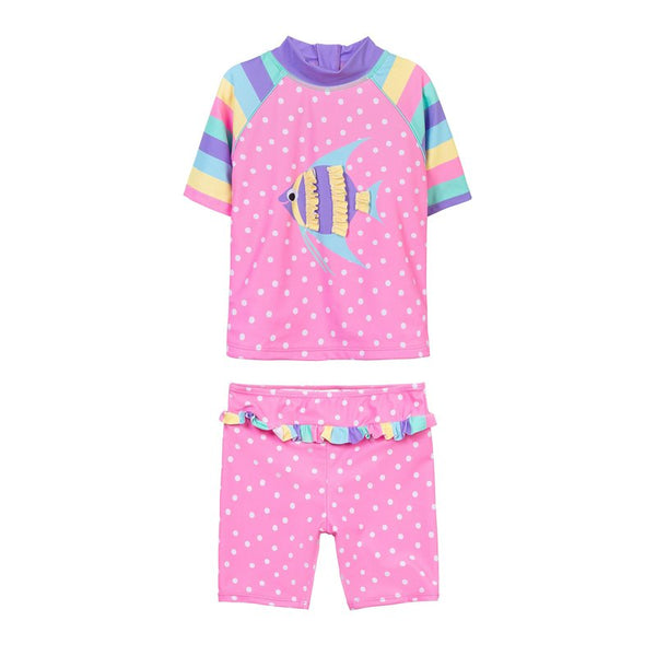 GIRLS 2PC SPOTTY FISH RASH SUIT WITH FRILL DETAIL (1-8 YEARS)