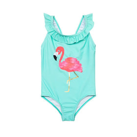 Mintgrüner Flamingo-Badeanzug mit Rüschen für Mädchen (3–8 Jahre)