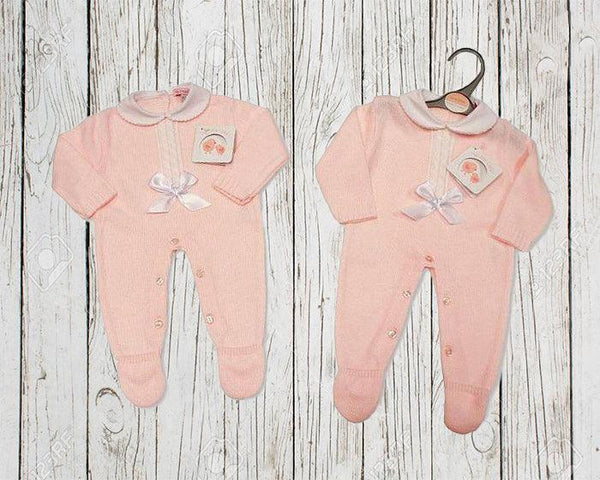 Long Knitted Pink Baby Girls Romper with Bow and Lace (NB-9m) - SnugDem Boogums