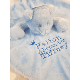 Personalised bear Comforter with ribbon tags - Blue