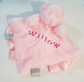 Personalised bear Comforter with ribbon tags - Pink