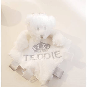 Personalised bear Comforter with ribbon tags - White